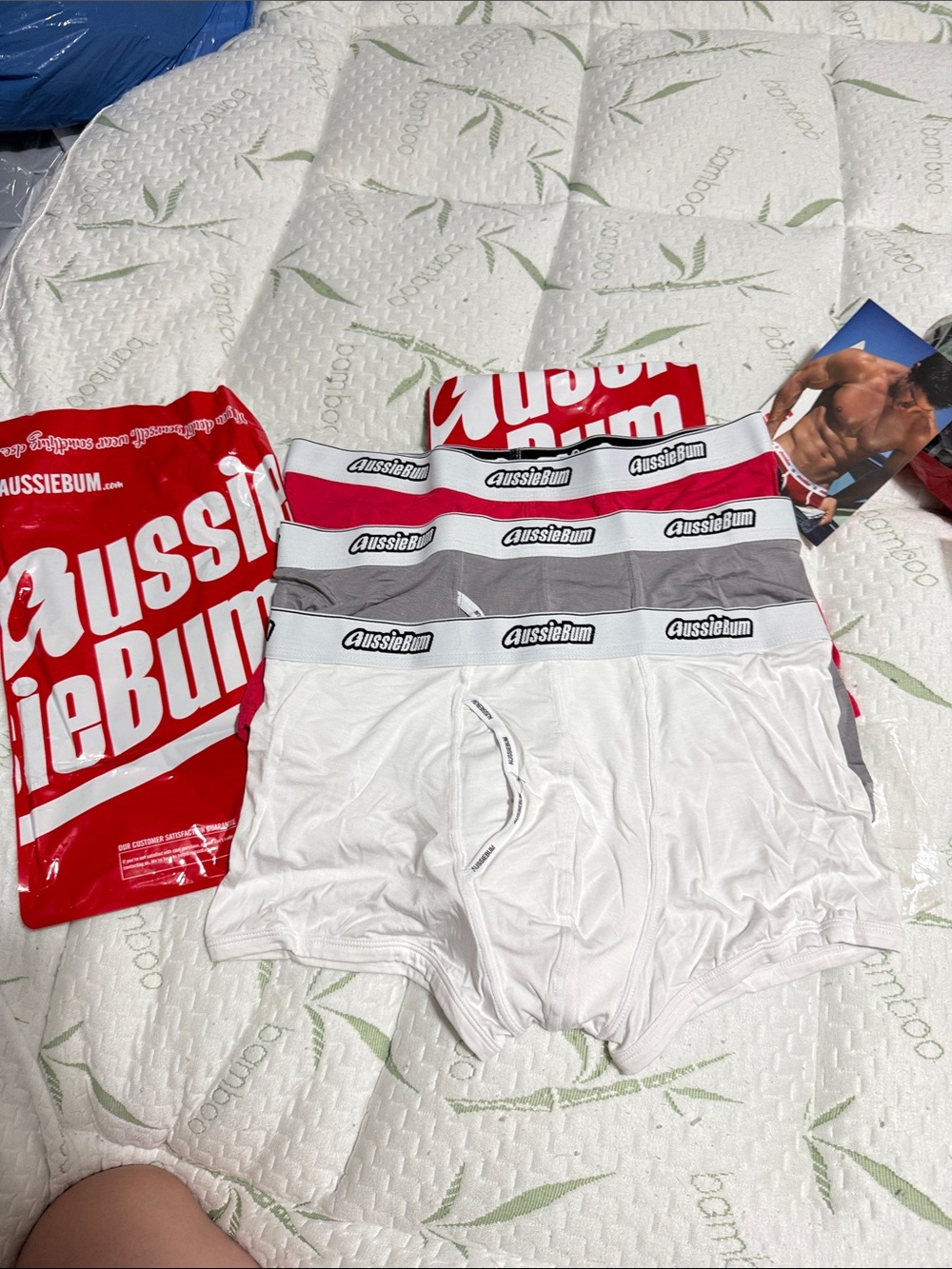 Aussiebum Men’s White Boxer Briefs - 3 Pack with Gray & Red Waistbands